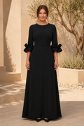 Belted A-Line Maxi Dress with Ruffled Cuff Sleeves