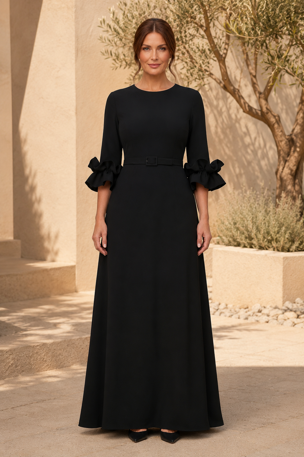 Belted A-Line Maxi Dress with Ruffled Cuff Sleeves
