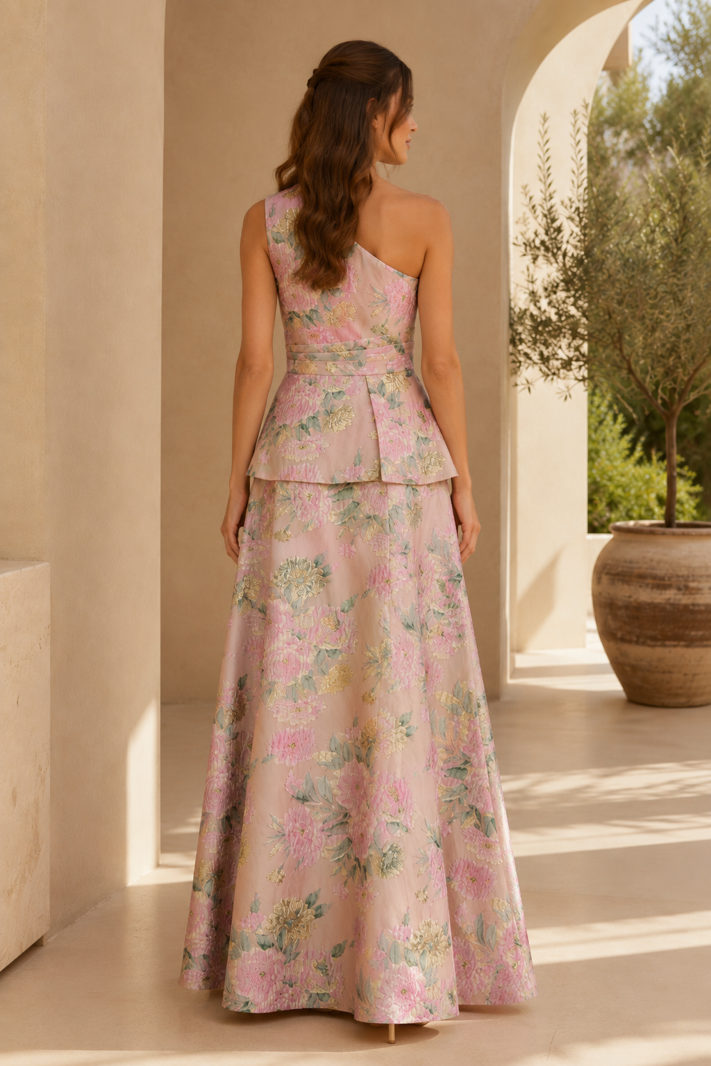 One Shoulder Floral Jacquard Peplum Gown