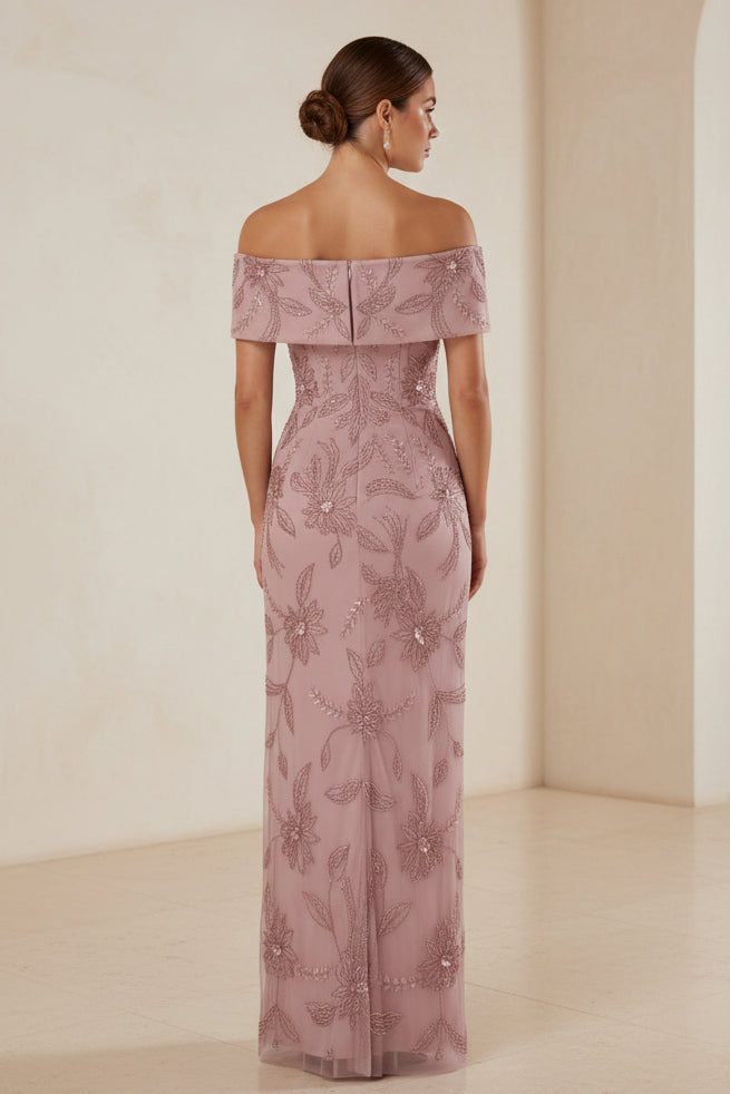 Off-the-Shoulder Beaded Floral Sheath Evening Gown