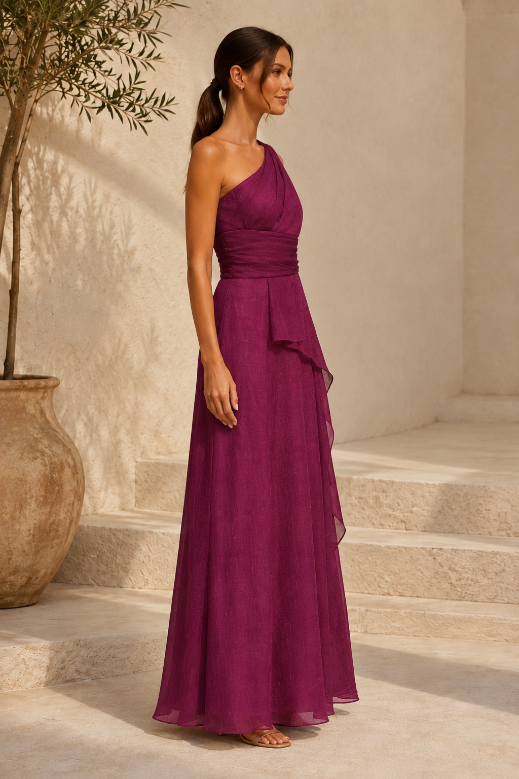 One Shoulder A-Line Chiffon Evening Gown