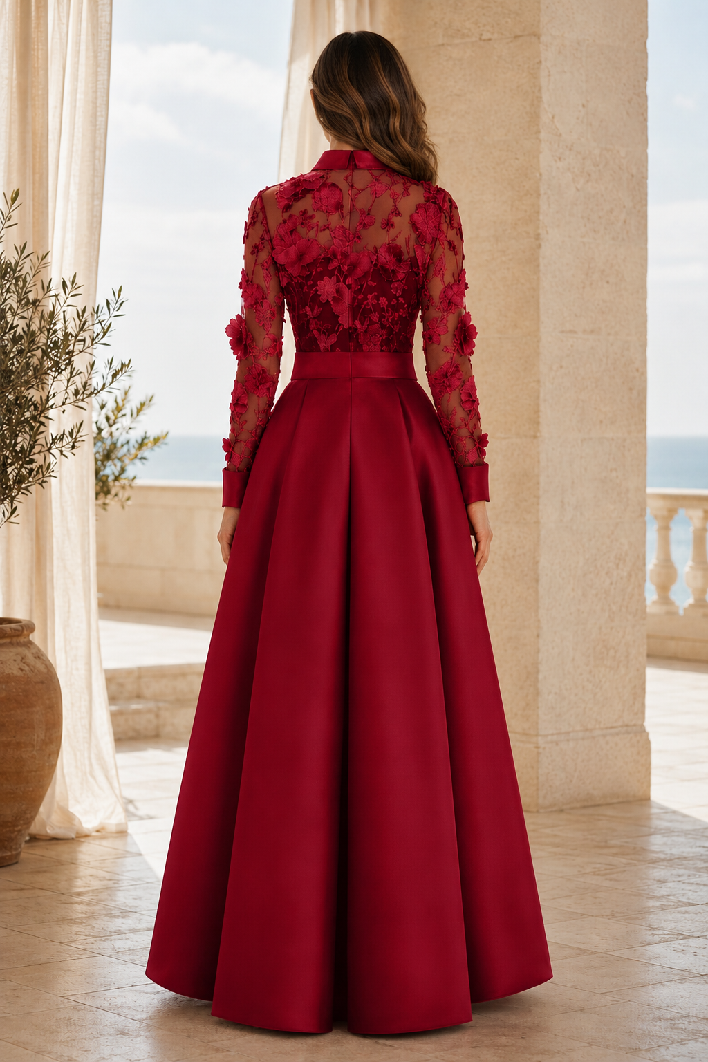 3D Floral Lace Shirt Gown with High-Low Skirt
