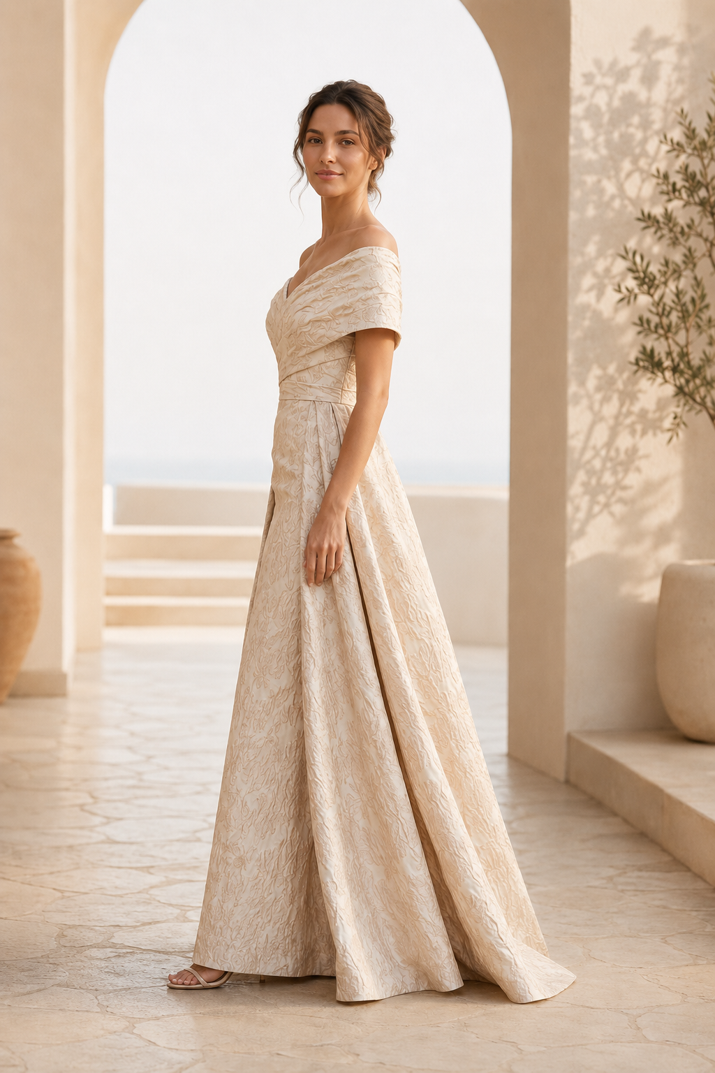 Off-the-Shoulder Jacquard A-Line Gown with Pleated Bodice