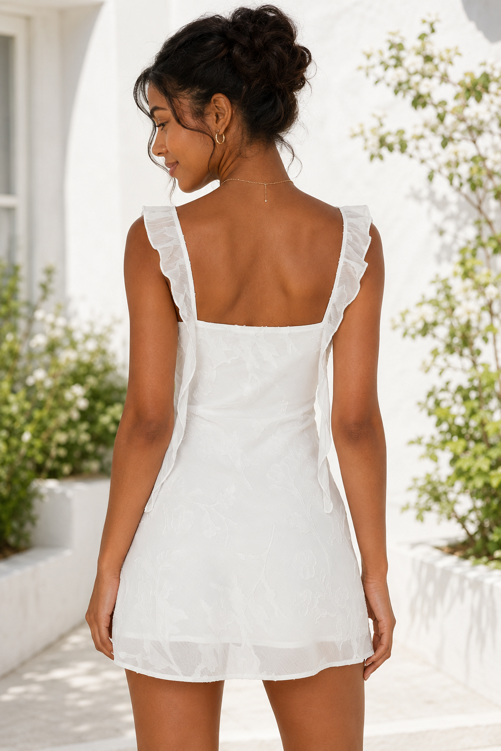 Floral Embroidered Ruffle Strap Mini Dress