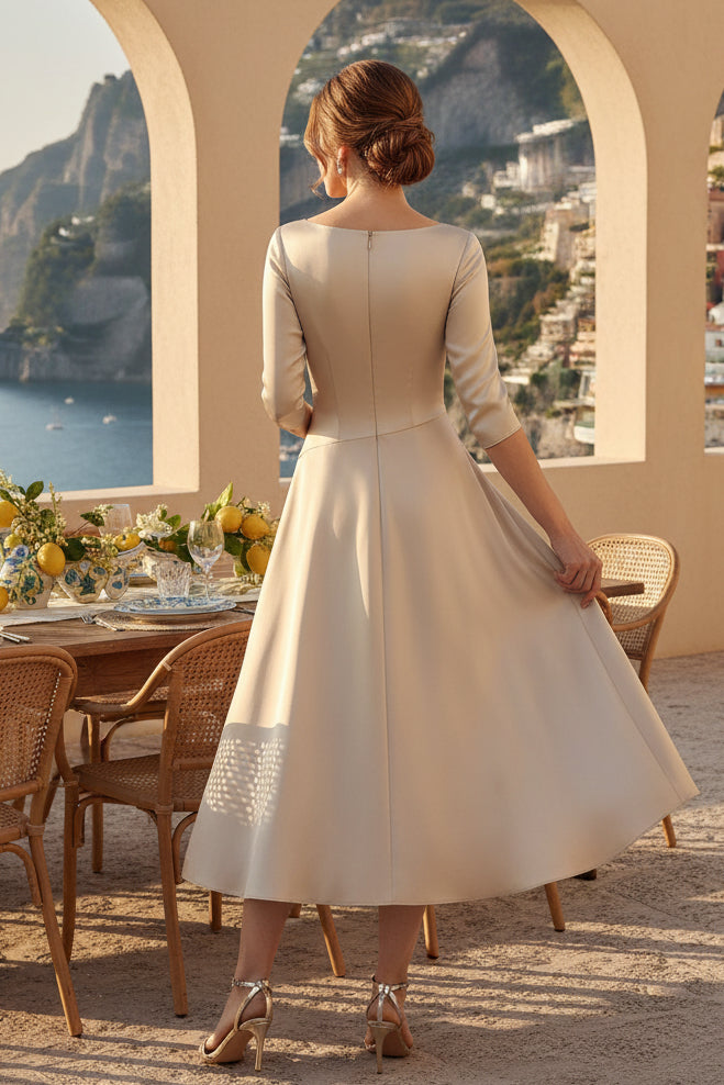 Elegant A-Line Tea-Length Dress with 3/4 Sleeves