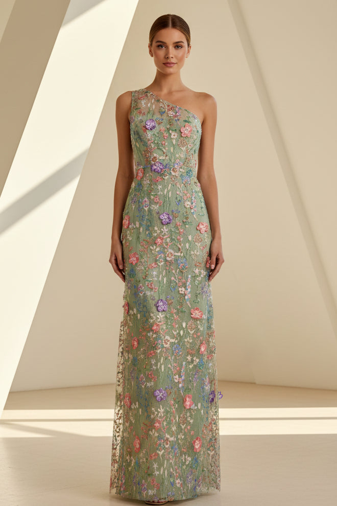 Embroidered Floral One-Shoulder Evening Gown