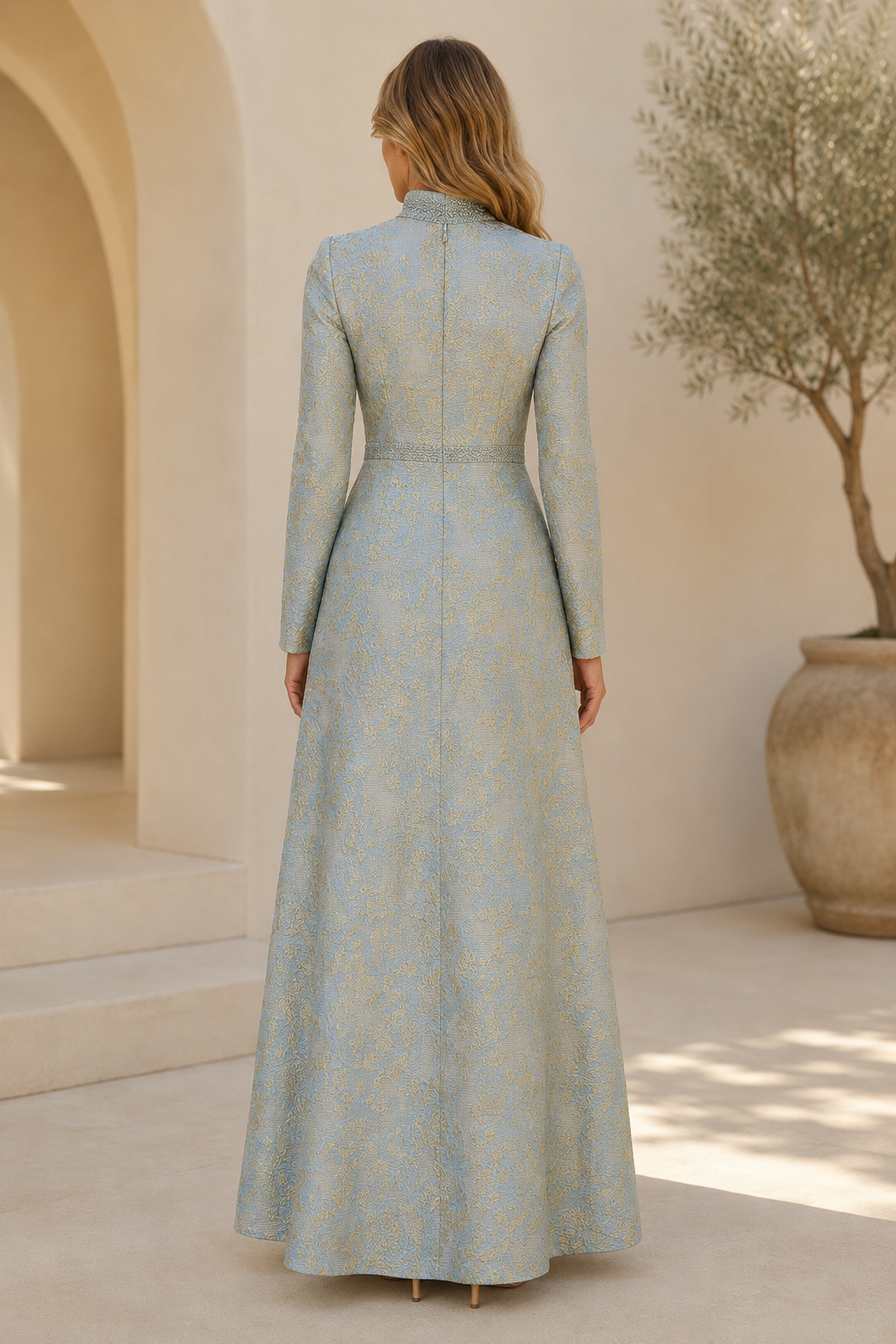 High-Neck Jacquard A-Line Gown with Beading