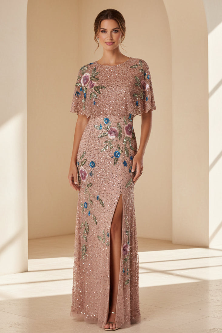 Beaded Capelet Column Gown with Floral Embroidery