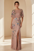 Beaded Capelet Column Gown with Floral Embroidery