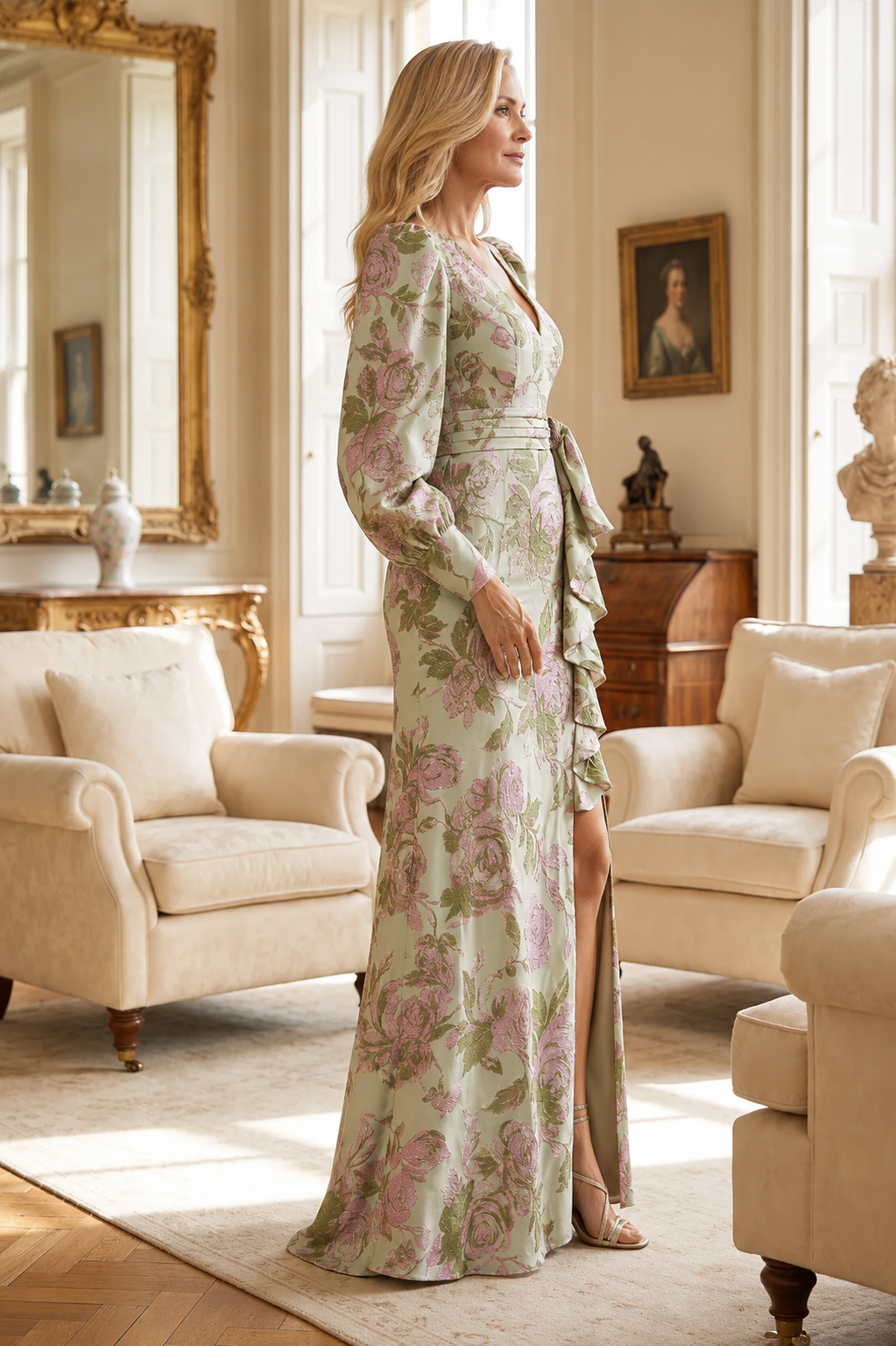 Floral Jacquard Long-Sleeve Gown with High Slit