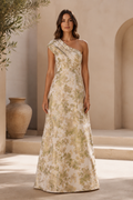 One Shoulder Floral Jacquard A-Line Evening Gown