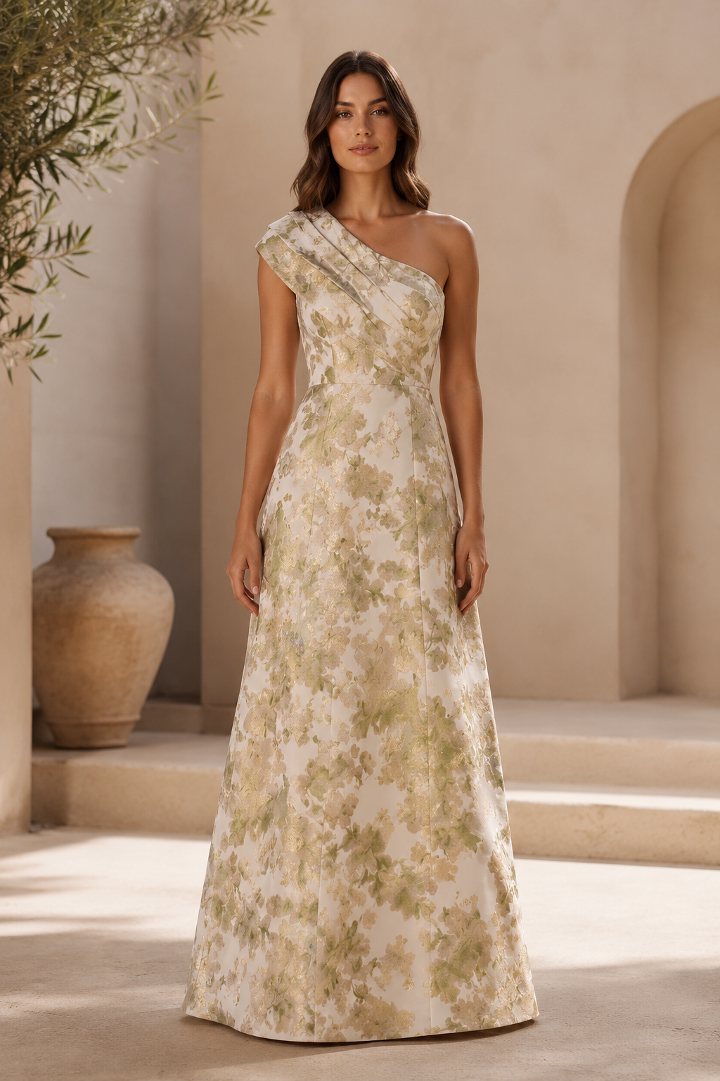 One Shoulder Floral Jacquard A-Line Evening Gown