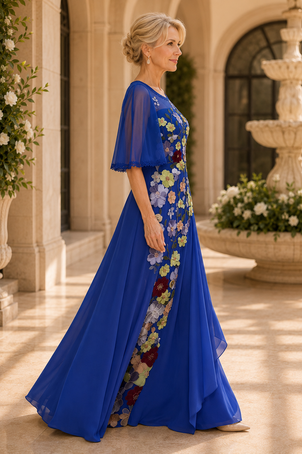 Embroidered Floral Illusion Gown with Flutter Sleeves