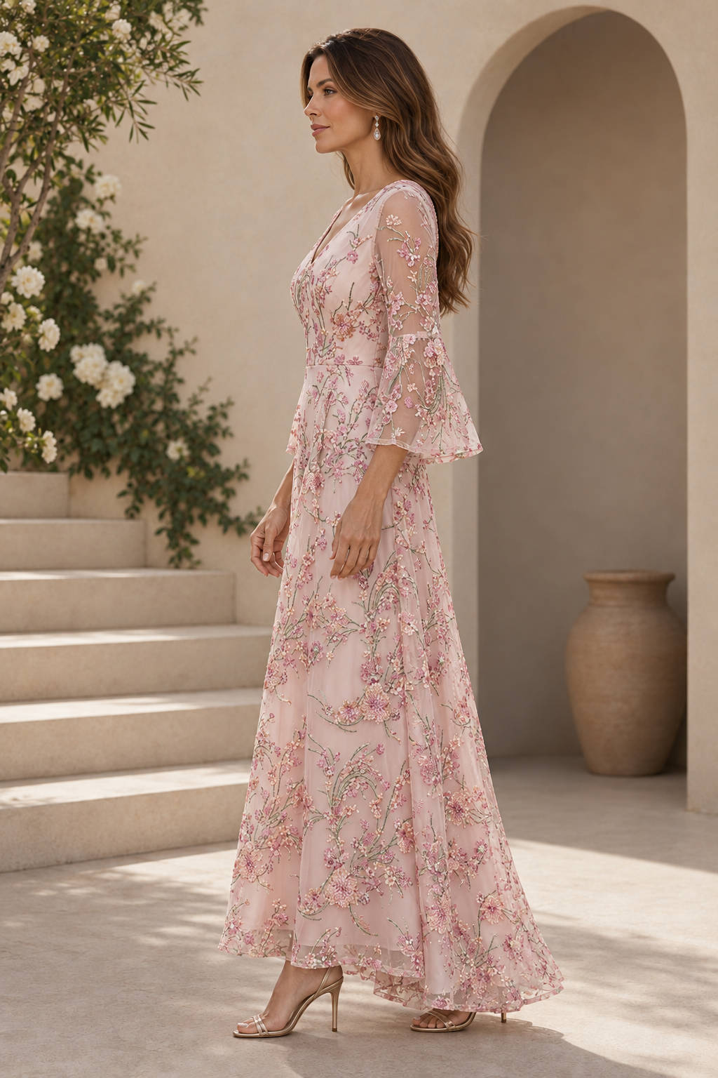 Embroidered Floral A-Line Dress with Bell Sleeves