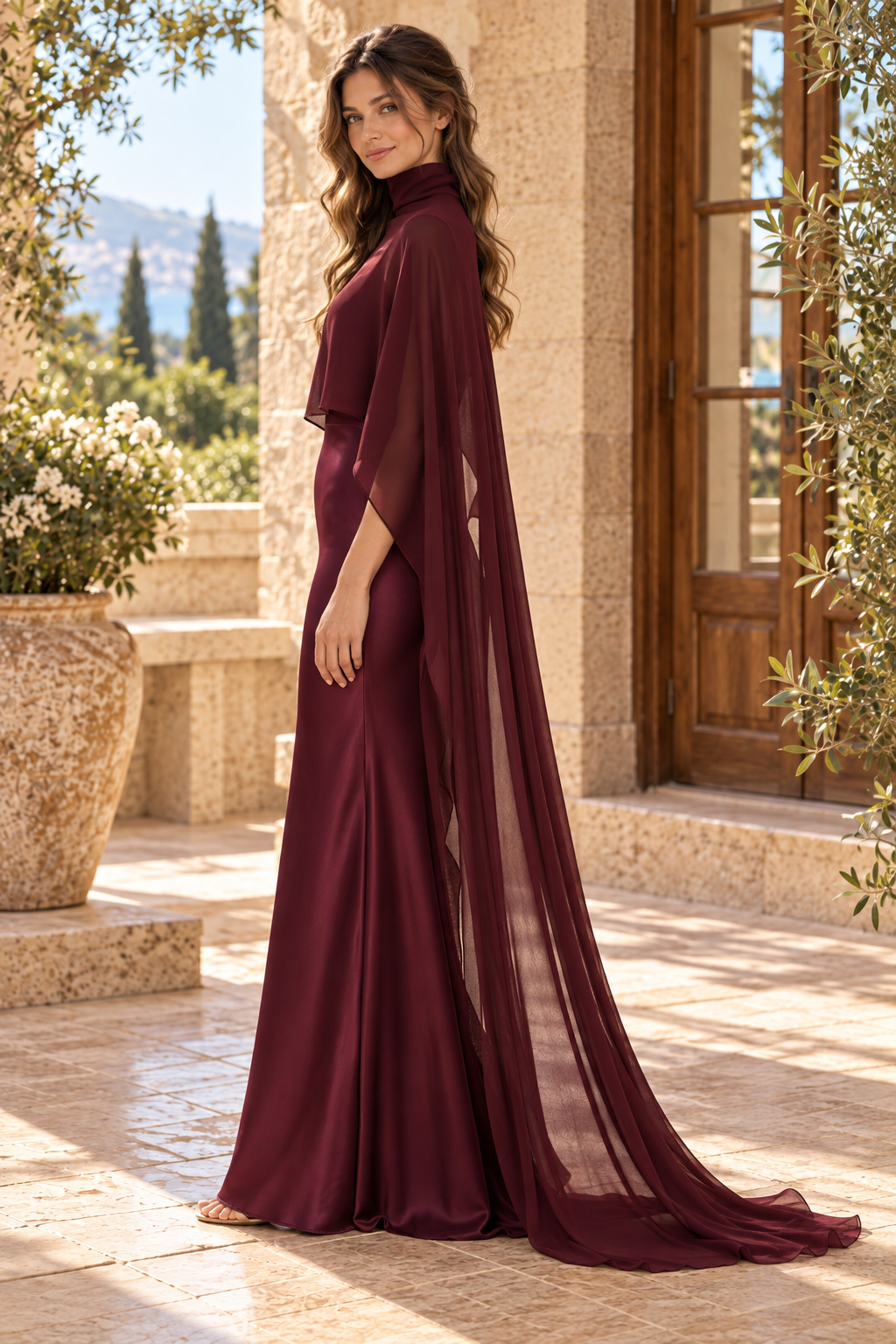 High Neck Satin Evening Gown with Cape