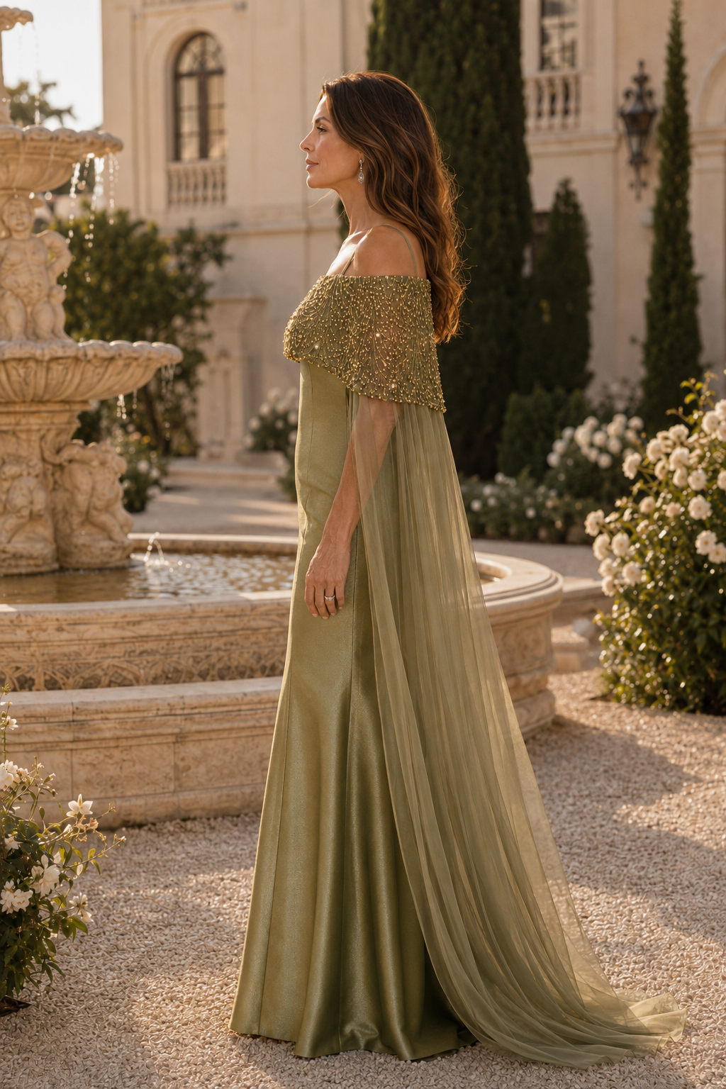 Beaded Capelet Mermaid Evening Gown
