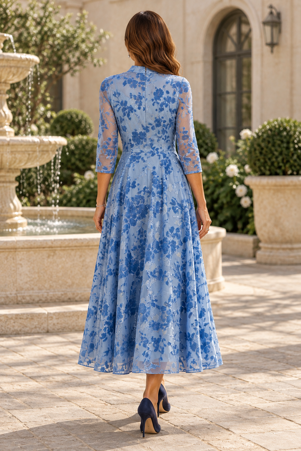 Floral Burnout V-Neck A-Line Midi Dress