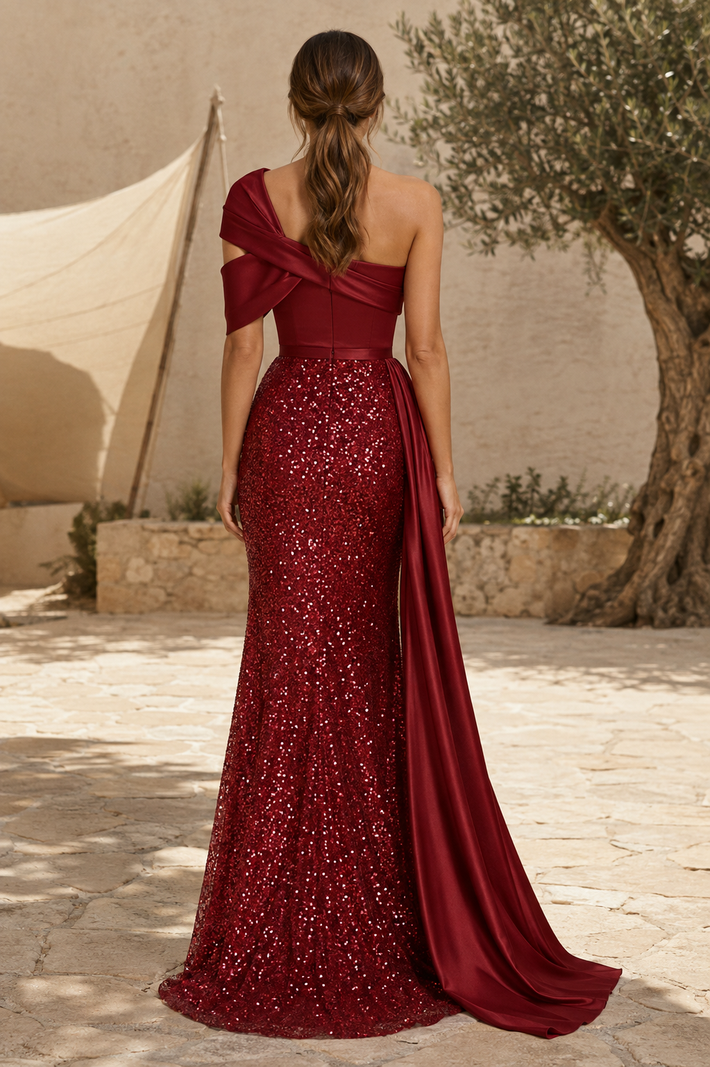 One-Shoulder Sequin Gown with Satin Side Drape