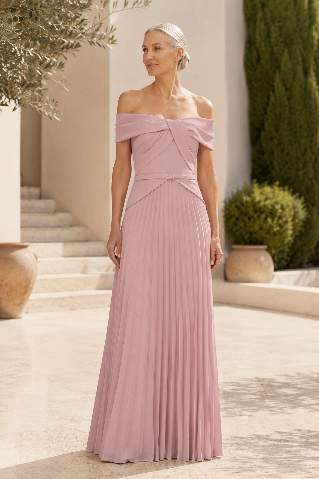 Off-the-Shoulder Pleated Chiffon Evening Gown