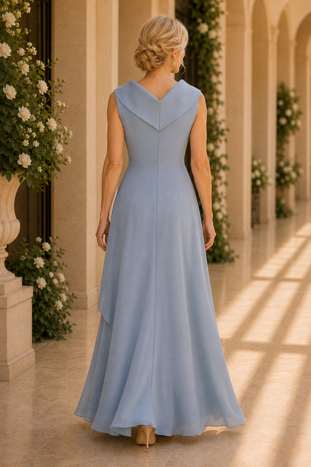 Floral Embroidered Shawl Collar A-Line Gown