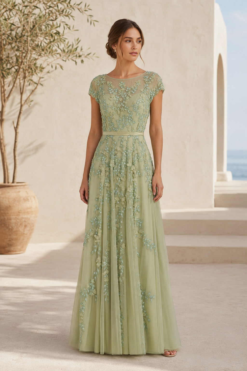 Floral Lace Illusion A-Line Tulle Evening Gown