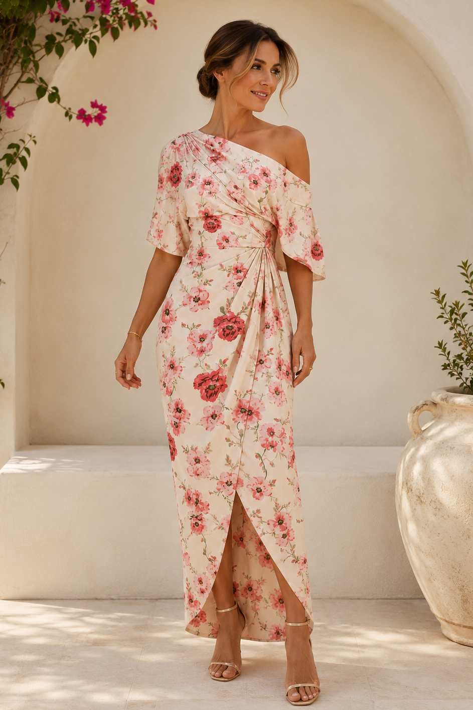 One Shoulder Floral Print Maxi Dress