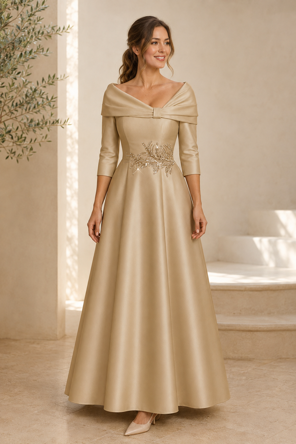 Off-Shoulder 3/4 Sleeve A-Line Gown with Applique