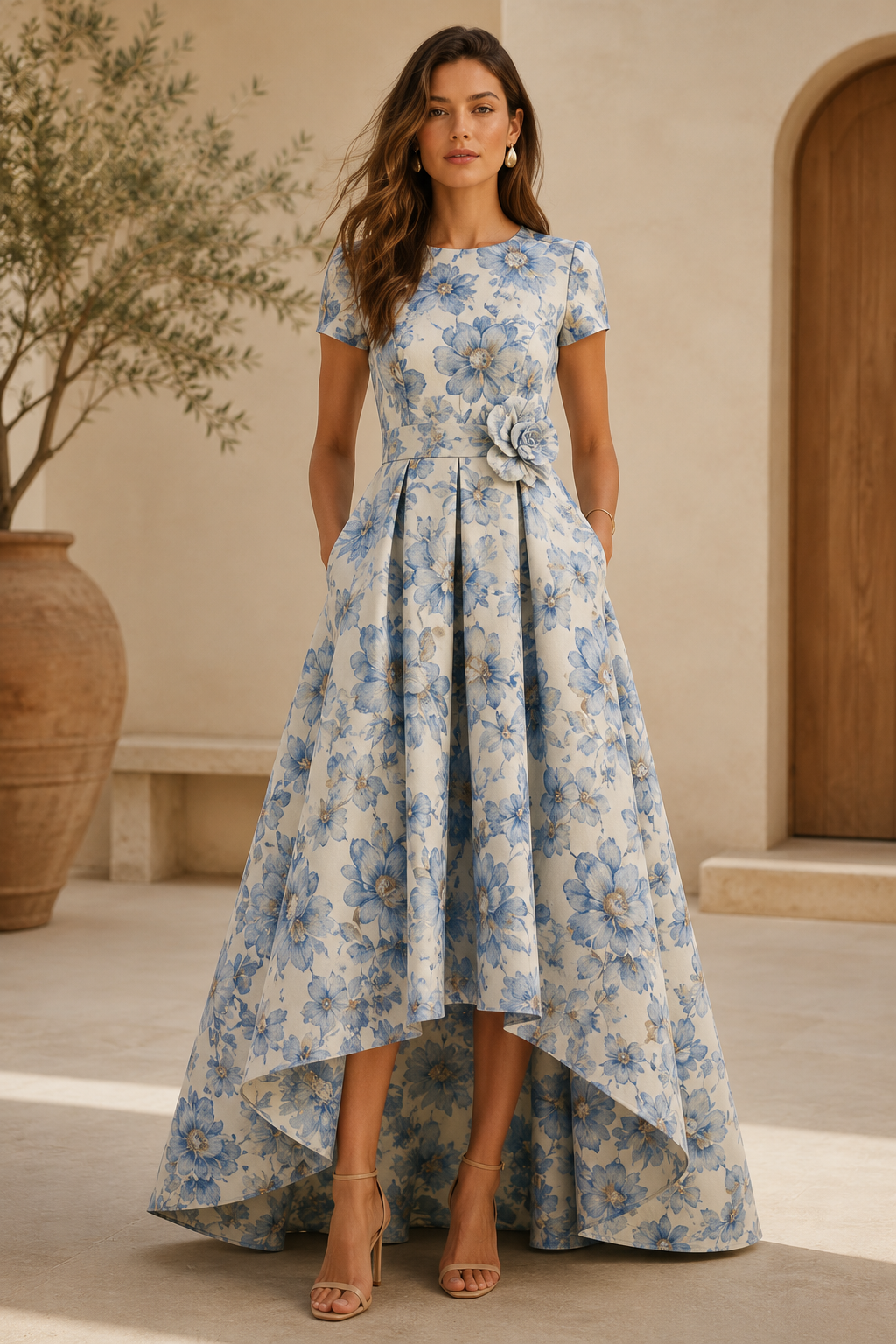 Floral High-Low A-Line Gown with 3D Flower