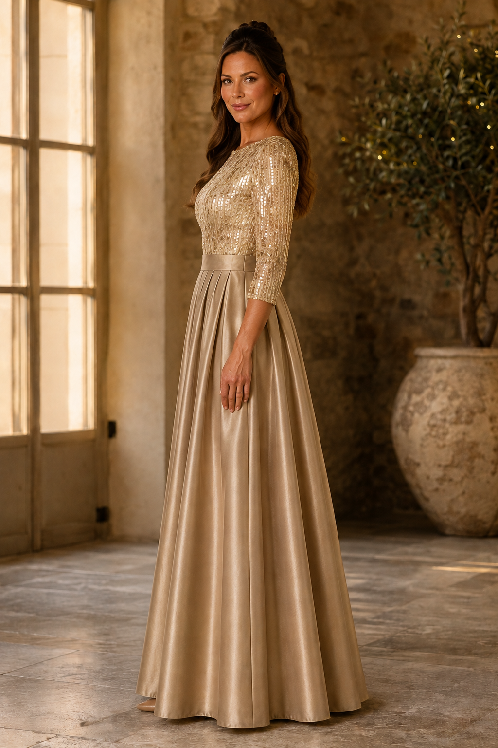 Sequin Bodice Pleated A-Line Gown with 3/4 Sleeves