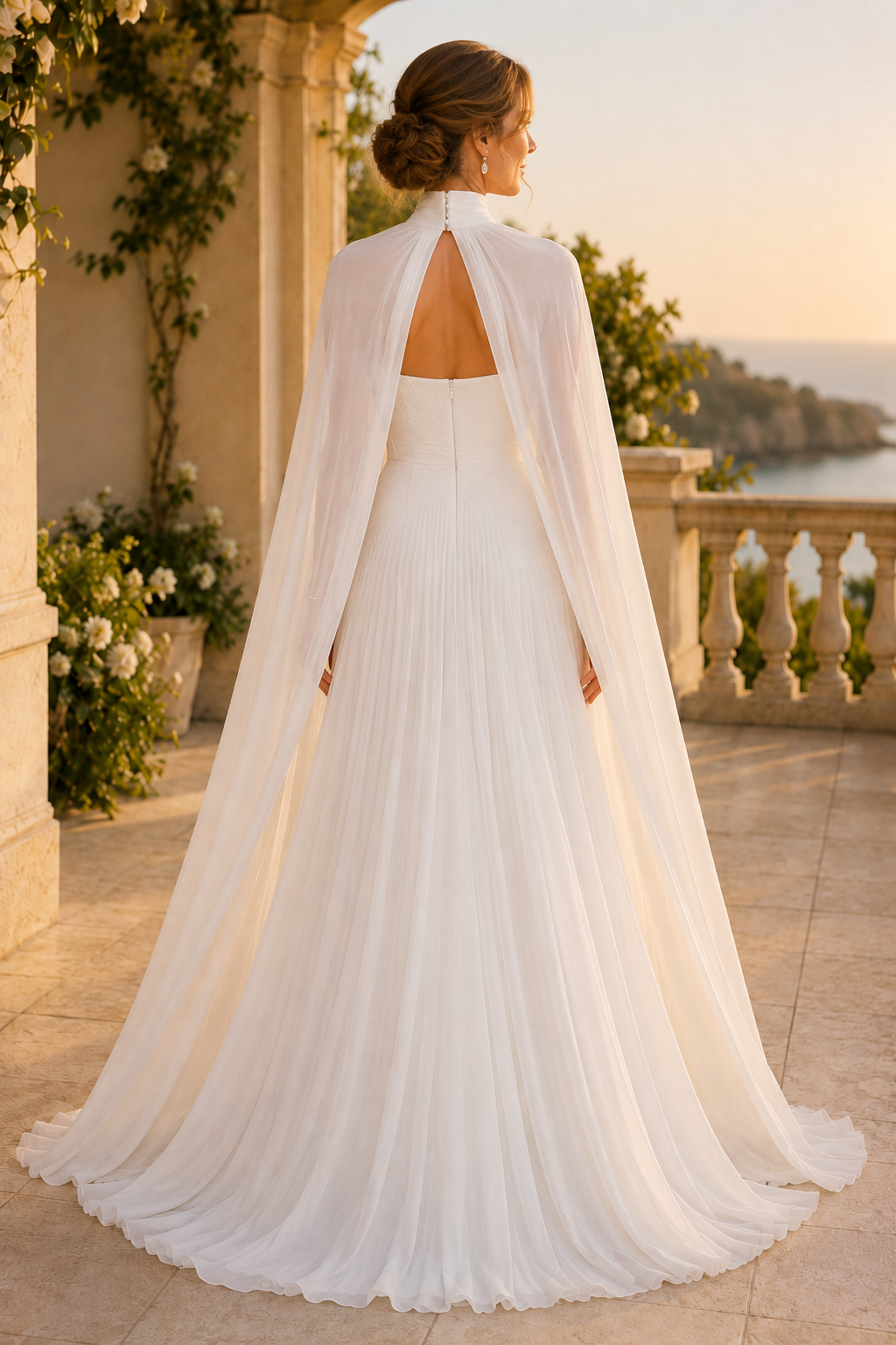 Plissiertes A-Linien-Kleid mit hochgeschlossenem Umhang