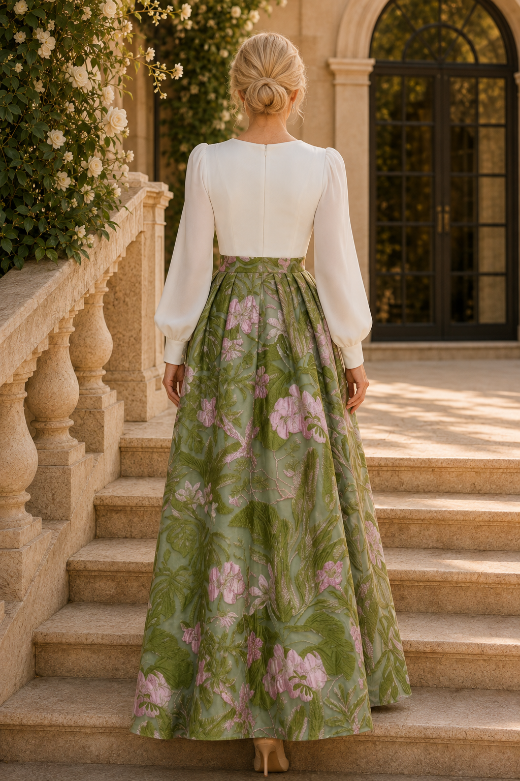 Long Sleeve Jacquard Ball Gown with 3D Flower