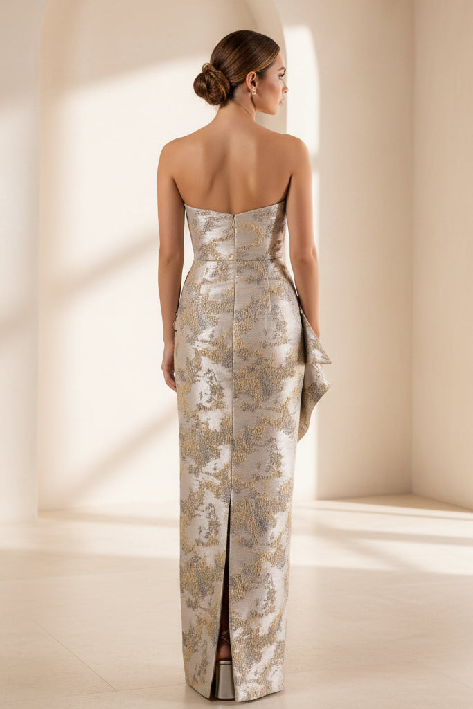 Strapless Metallic Jacquard Column Evening Gown