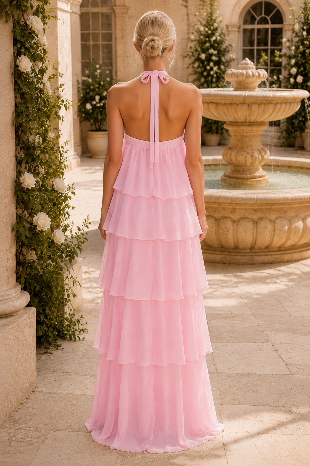 Tiered Halter Maxi Dress with Rosette Applique