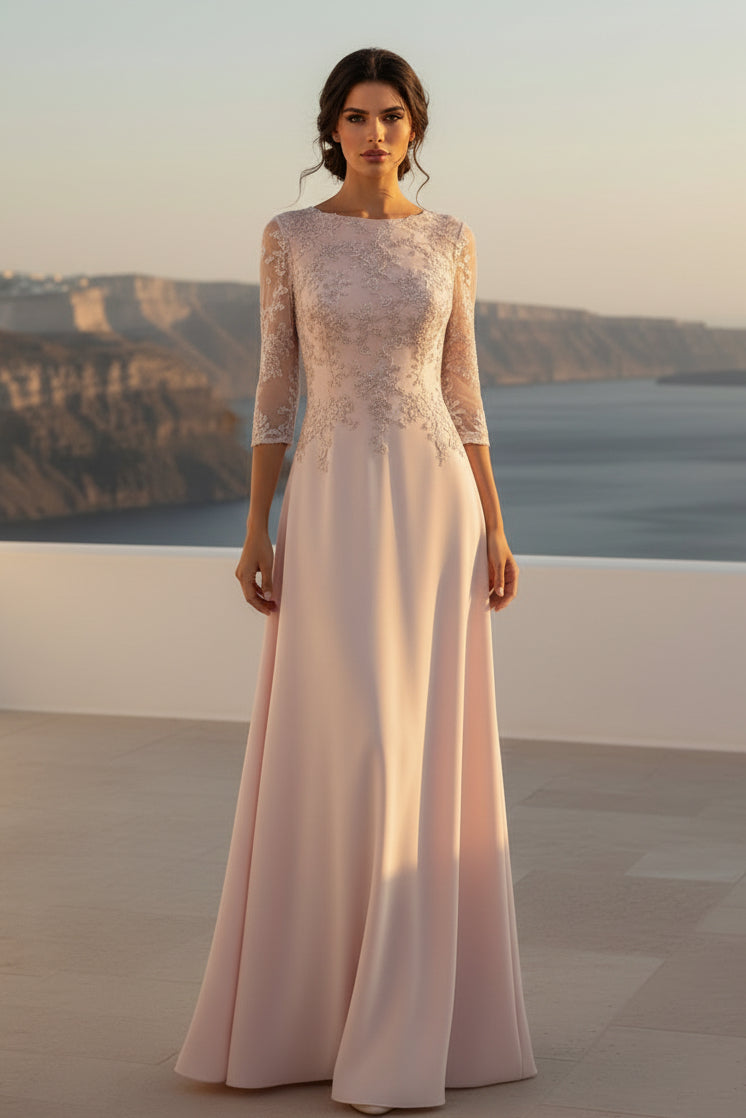 Lace 3/4 Sleeve Chiffon Evening Gown