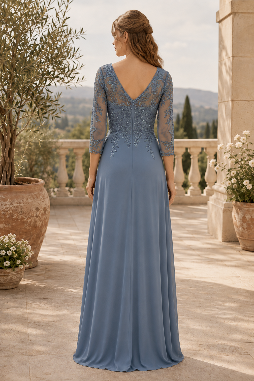Lace Bodice 3/4 Sleeve Draped Maxi Dress