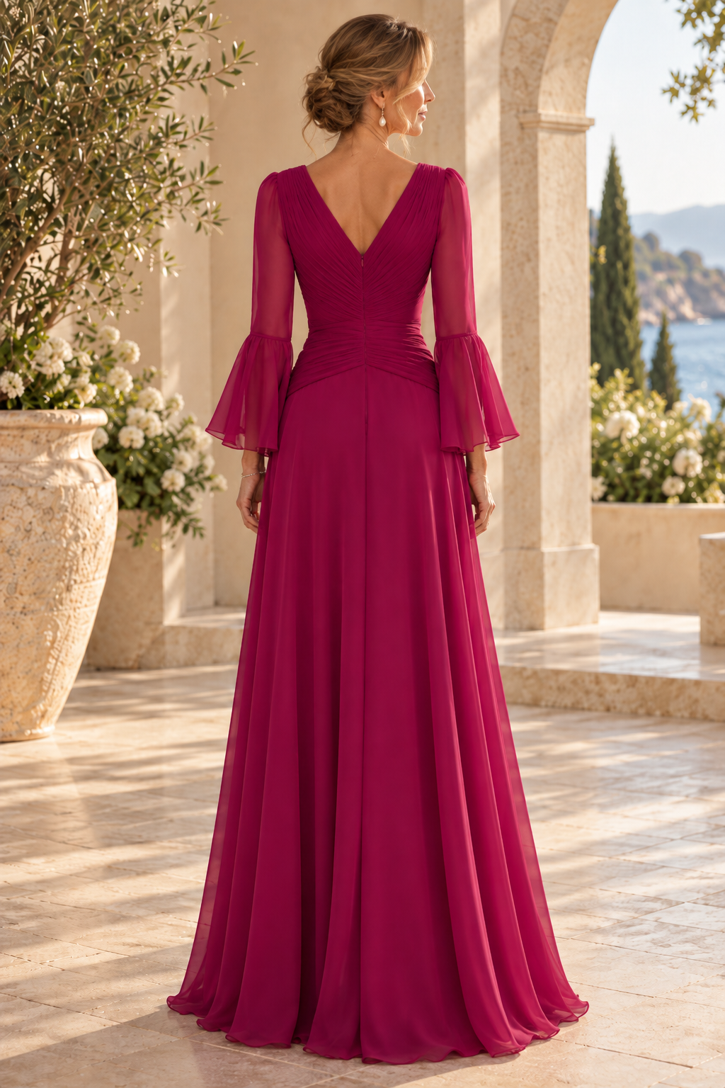 Pleated V-Neck A-Line Gown with Bell Sleeves