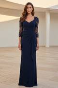 Lace Illusion 3/4 Sleeve Ruched Evening Gown