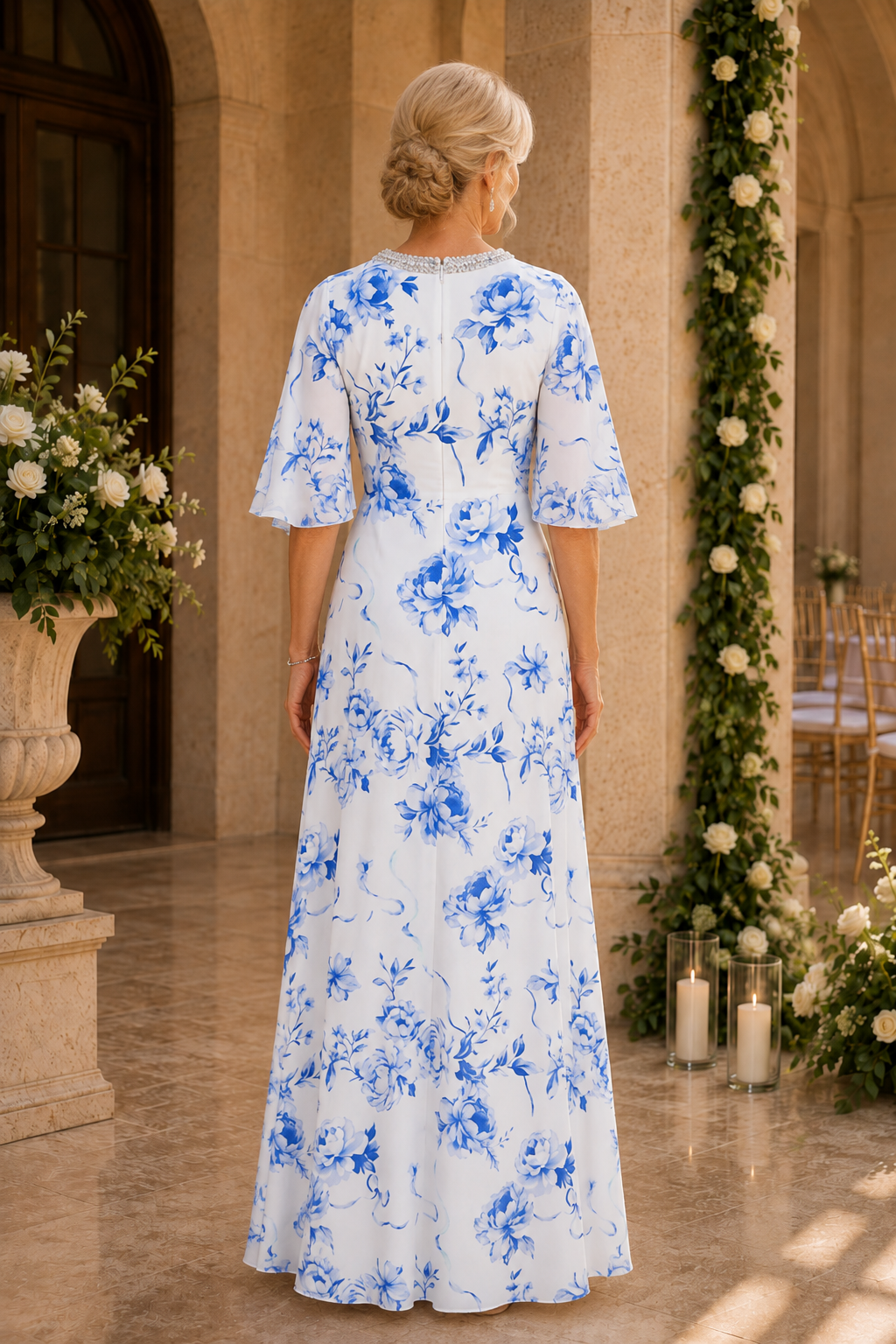 Floral A-Line Gown with Flutter Sleeves & Beaded Neck