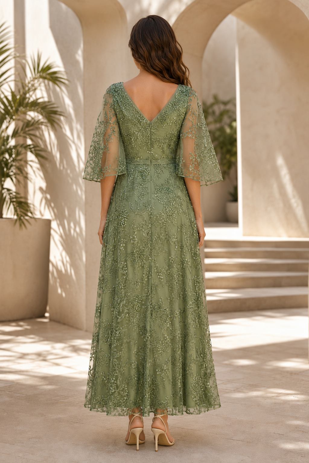 Floral Embroidered Flutter Sleeve A-Line Gown