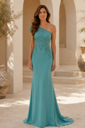 One-Shoulder Lace Applique Trumpet Gown