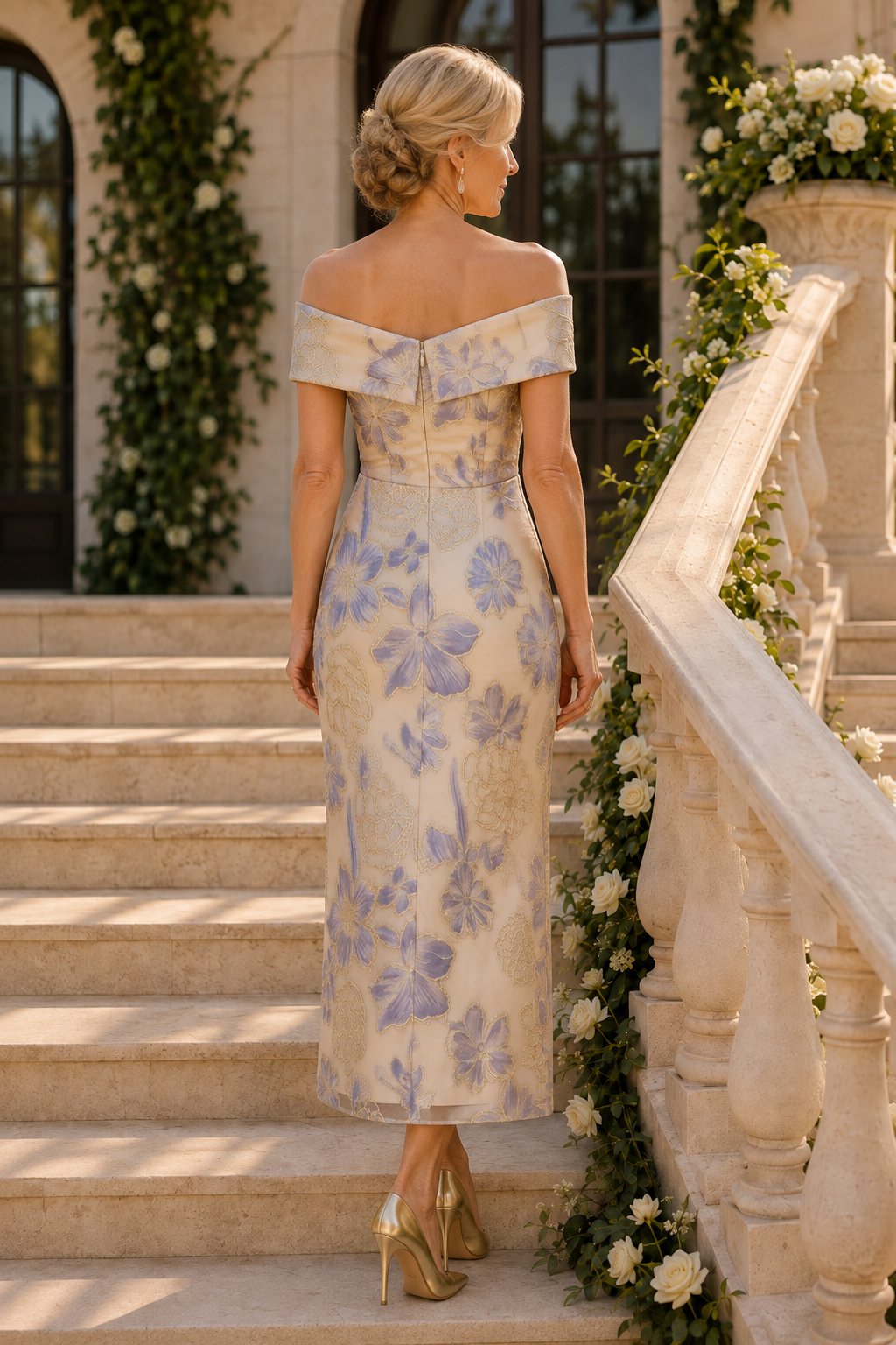Off-the-Shoulder Floral Jacquard Midi Dress