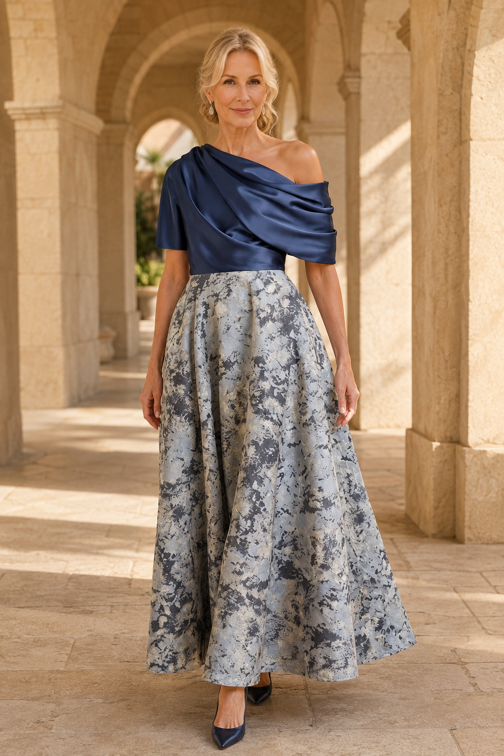 Draped One-Shoulder Satin Jacquard A-Line Dress