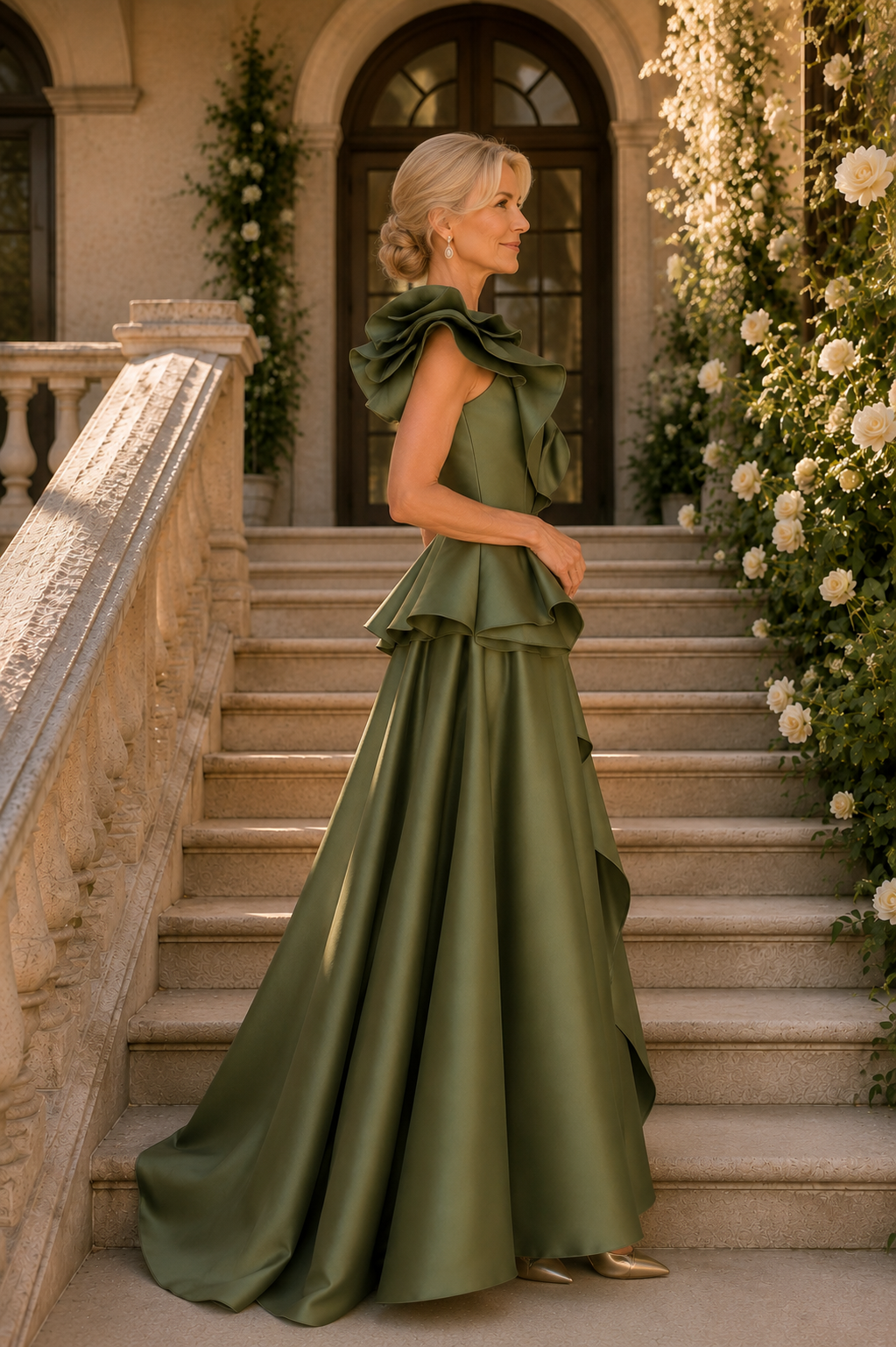 One-Shoulder Peplum A-Line Satin Gown