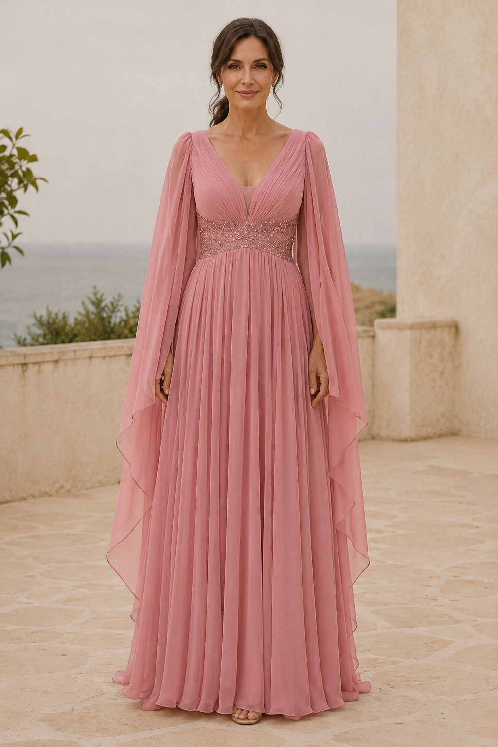 Cape-Sleeve Chiffon Evening Gown with Beaded Waist