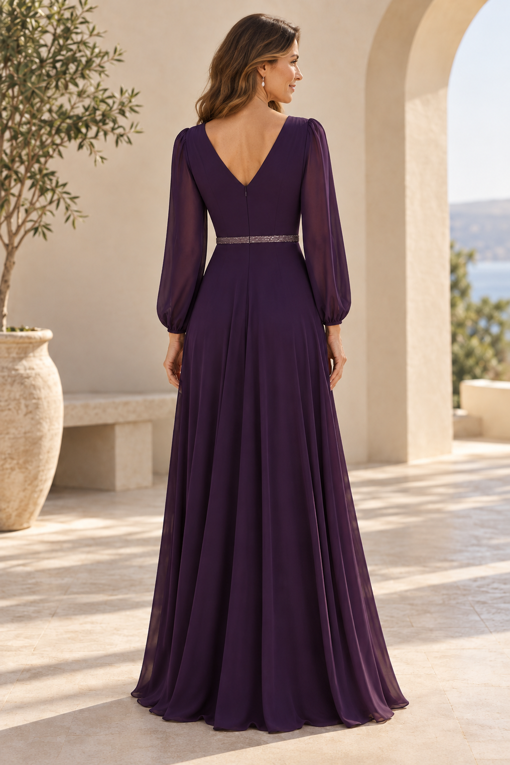 Long Sleeve V-Neck Chiffon A-Line Gown