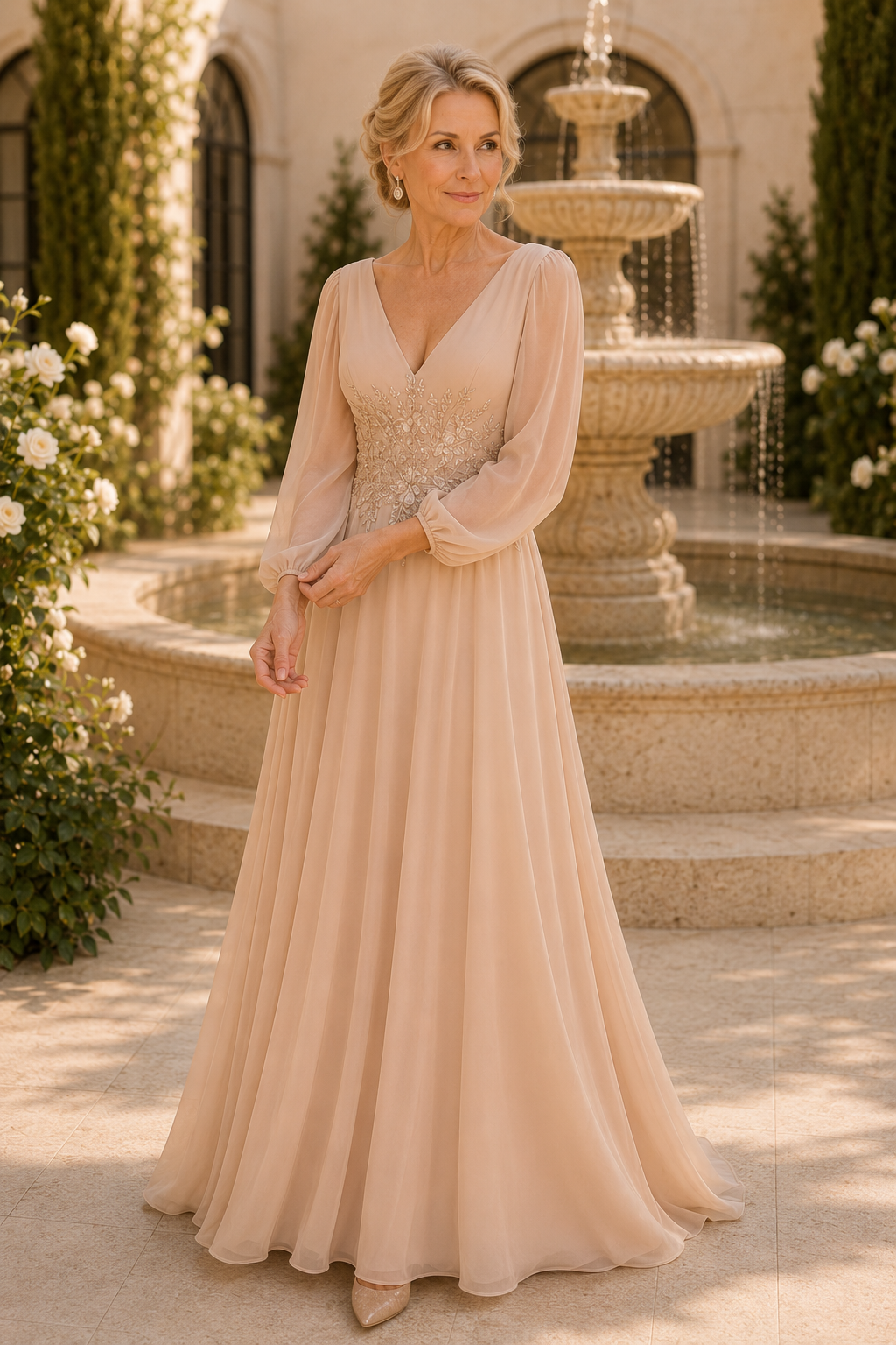 A-Line Chiffon Gown with Long Bishop Sleeves