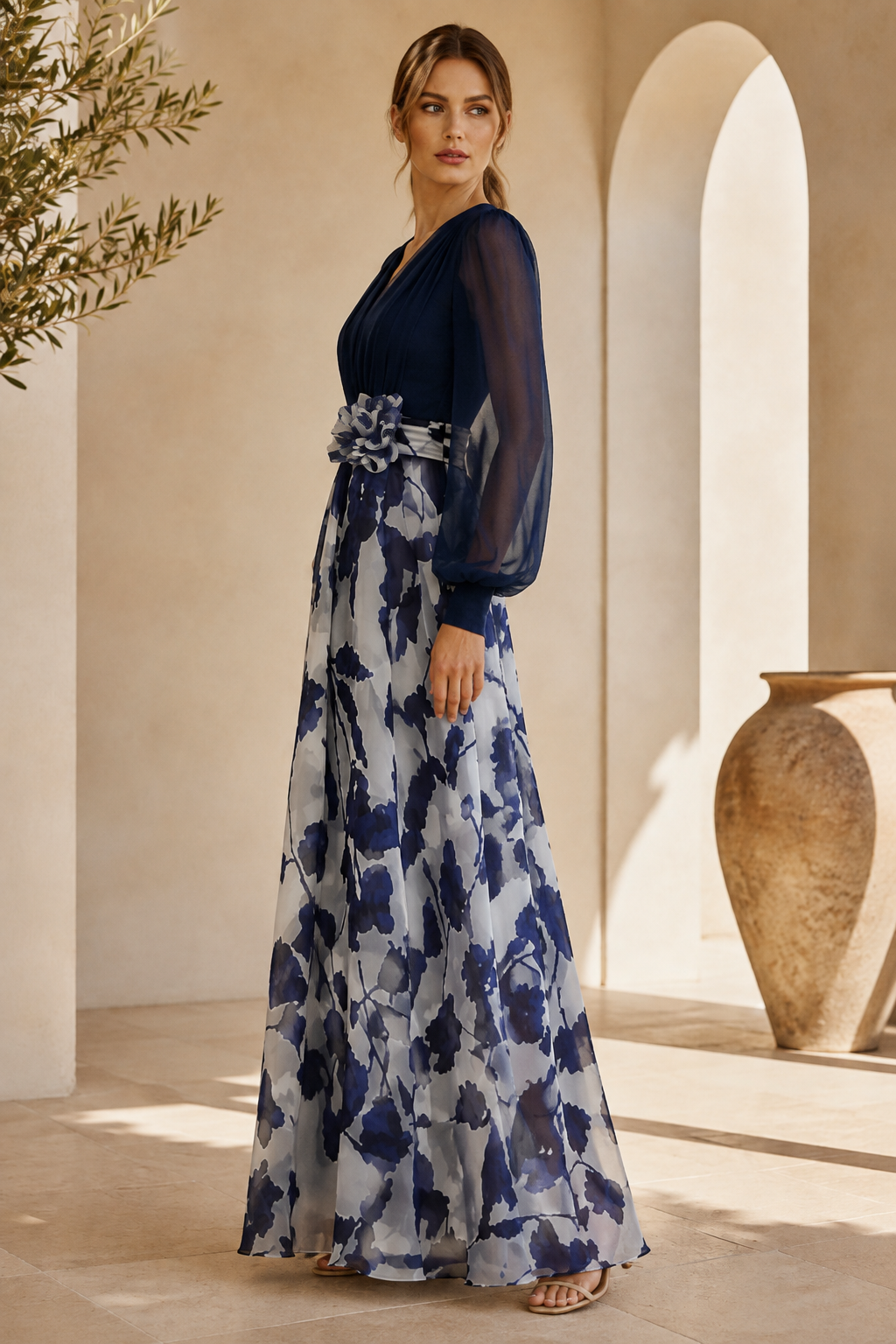 V-Neck Floral Print A-Line Evening Gown