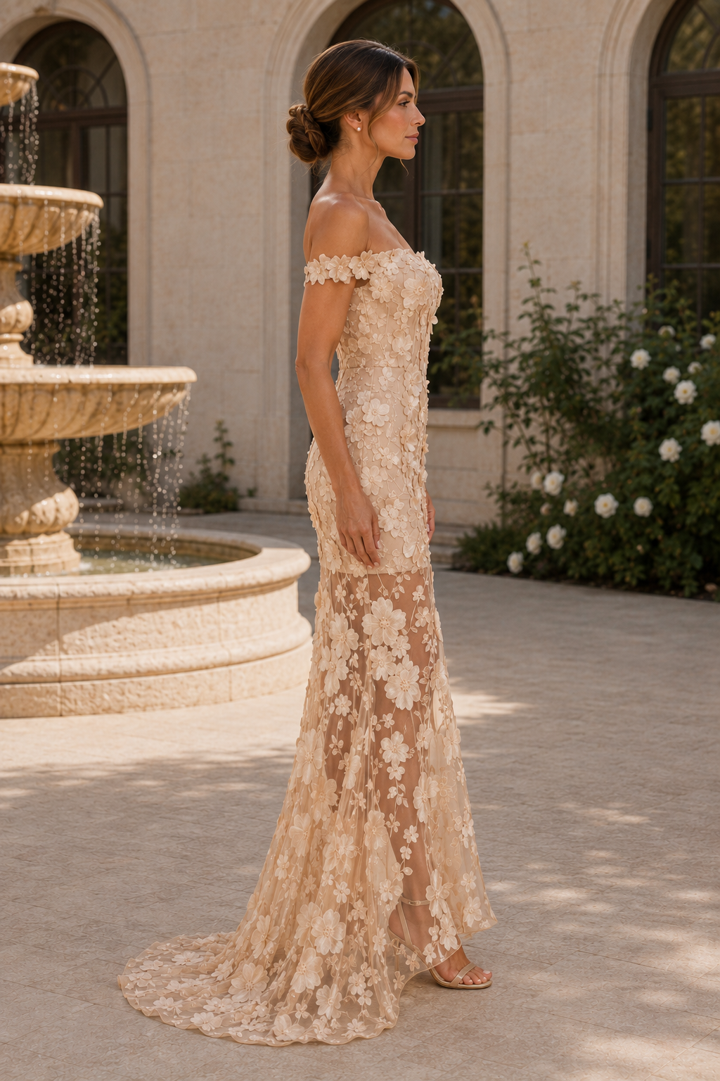 3D Floral Applique Off-the-Shoulder Mermaid Gown