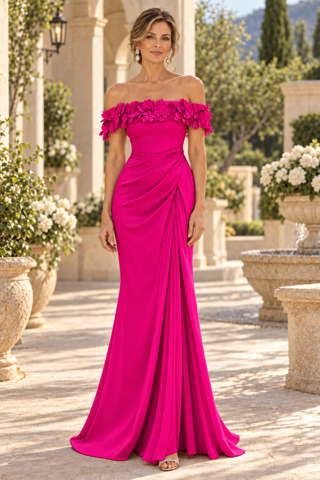Floral Off-Shoulder Draped Gown with Slit