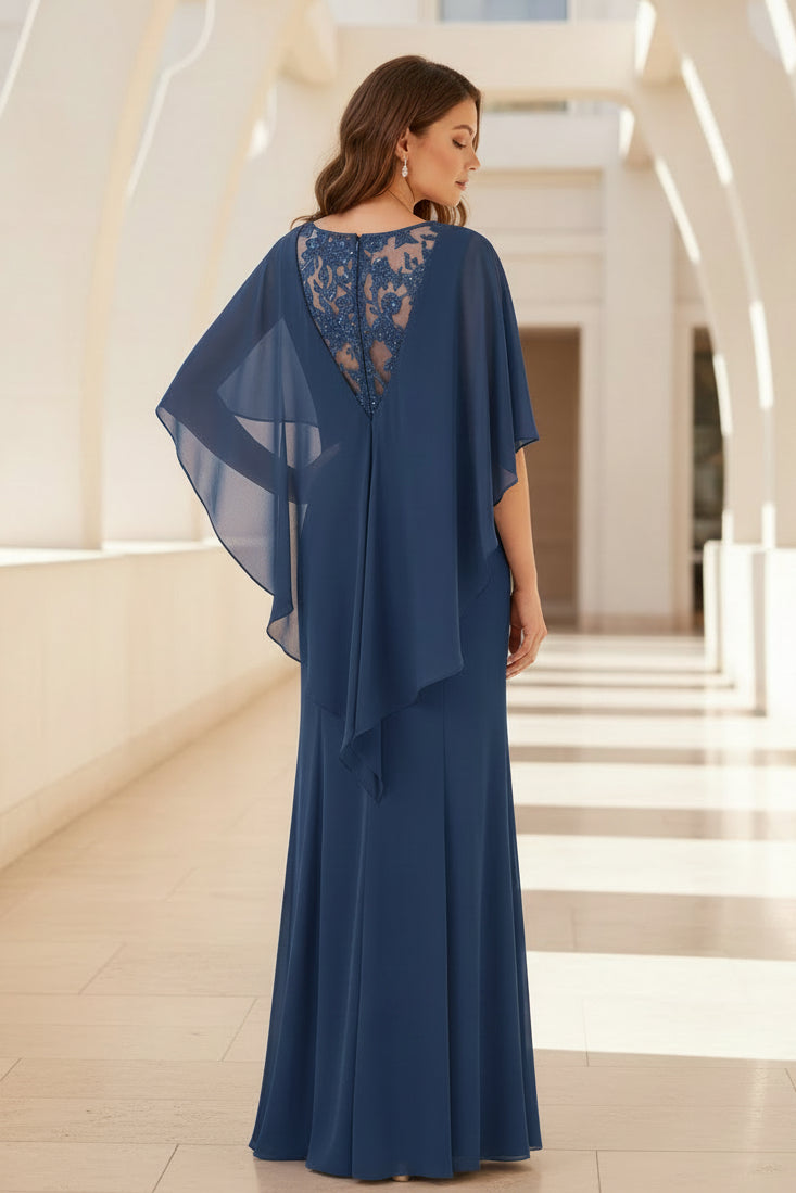 Floor-Length Chiffon Cape Gown with Lace Detail